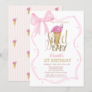 Invitación Cumpleaños de helado genial flamingo rosa lazo ray