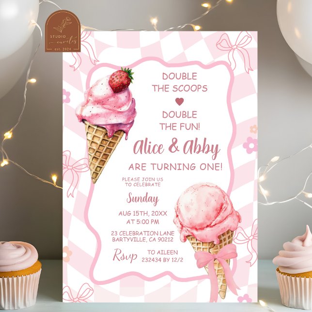 Invitación Cumpleaños de helado Retro Twins rosa pastel (Subido por el creador)