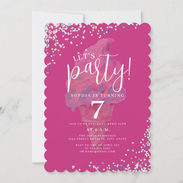 Invitación Cumpleaños de Helado Rosa Arcoíris Vamos a la Fies (Anverso)