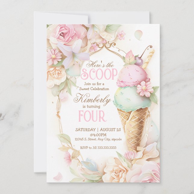 Invitación Cumpleaños de helados, cosecha de helados rosados (Anverso)
