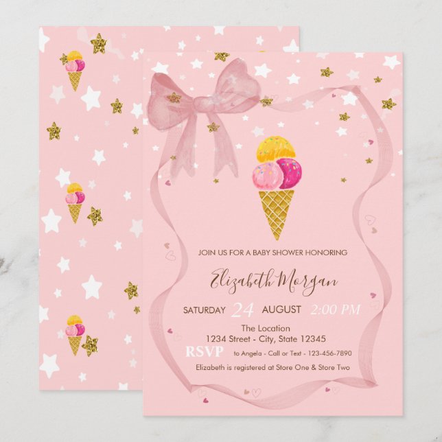 Invitación  Cumpleaños de helados Estrellas Lazo Rosa Bebé  (Anverso / Reverso)