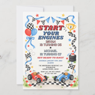 Invitación Cumpleaños de hermanos coche de carreras azul y ro