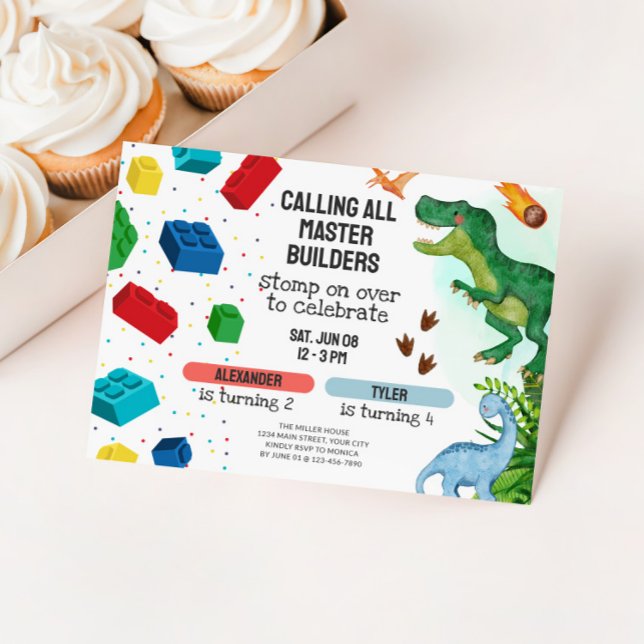 Invitación Cumpleaños de hermanos con bloques de dinosaurios  (Joint Kids Birthday Party Invite - Dinosaurs and Building Blocks)
