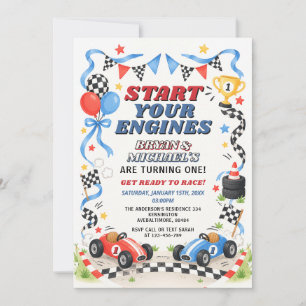 Invitación Cumpleaños de hermanos de coche de carreras azul y