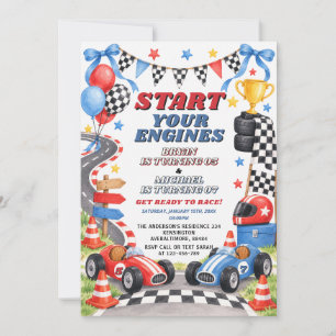 Invitación Cumpleaños de hermanos de coche de carreras azul y