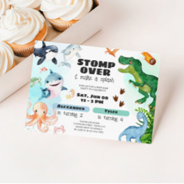 Invitación Cumpleaños de hermanos de dinosaurio y tiburón baj