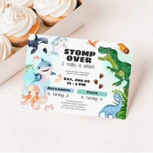 Invitación Cumpleaños de hermanos de dinosaurio y tiburón baj