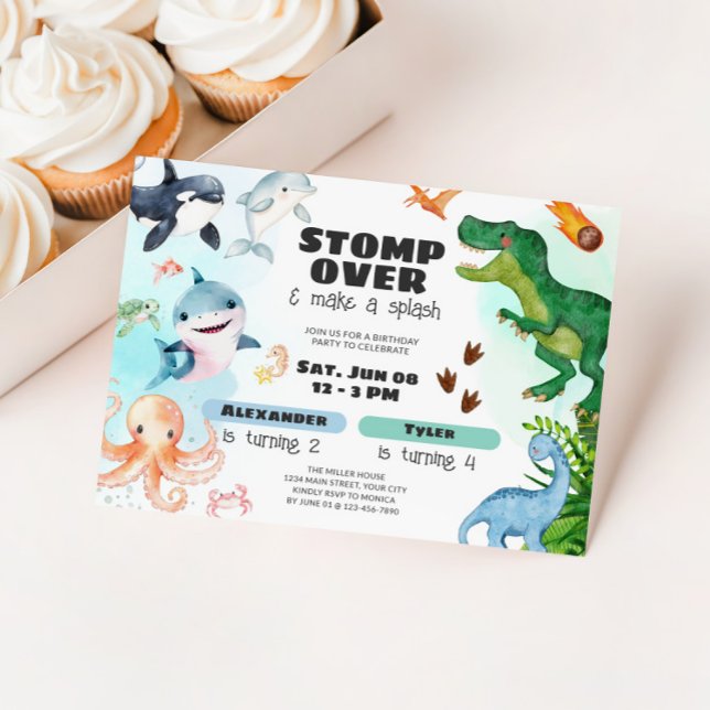 Invitación Cumpleaños de hermanos de dinosaurio y tiburón baj (Sharks & Dinosaur Birthday Party Invite)