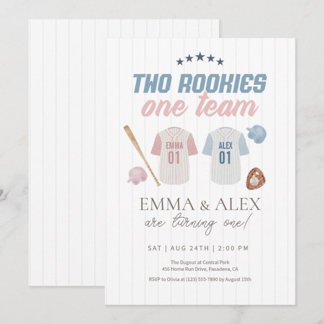 Invitación Cumpleaños de hermanos gemelos de béisbol Dos Nova (Anverso / Reverso)