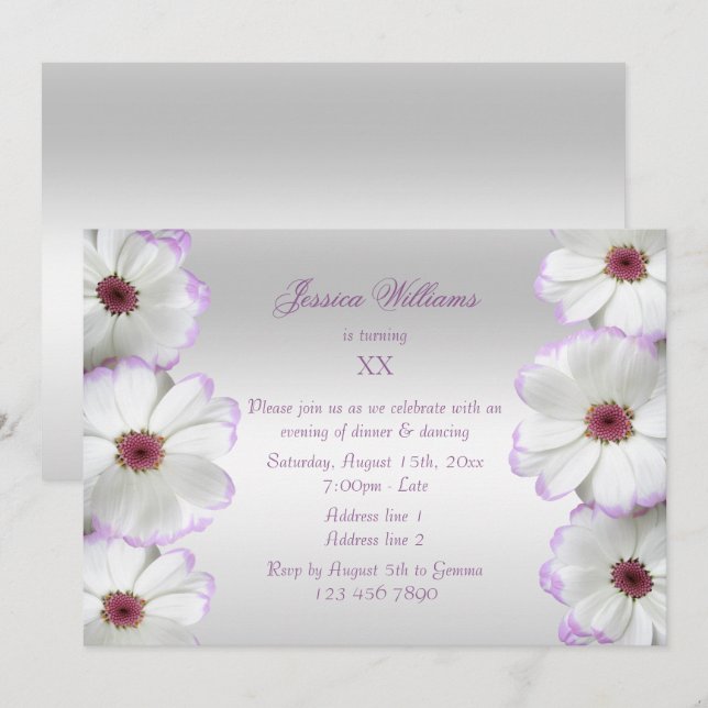 Invitación Cumpleaños de hermosas flores blancas y lila (Anverso / Reverso)