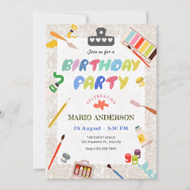 Invitación Cumpleaños de herramientas de pinturas de arte col (Anverso)