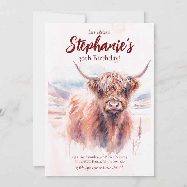 Invitación Cumpleaños de Highland Cow Watercolor (Anverso)