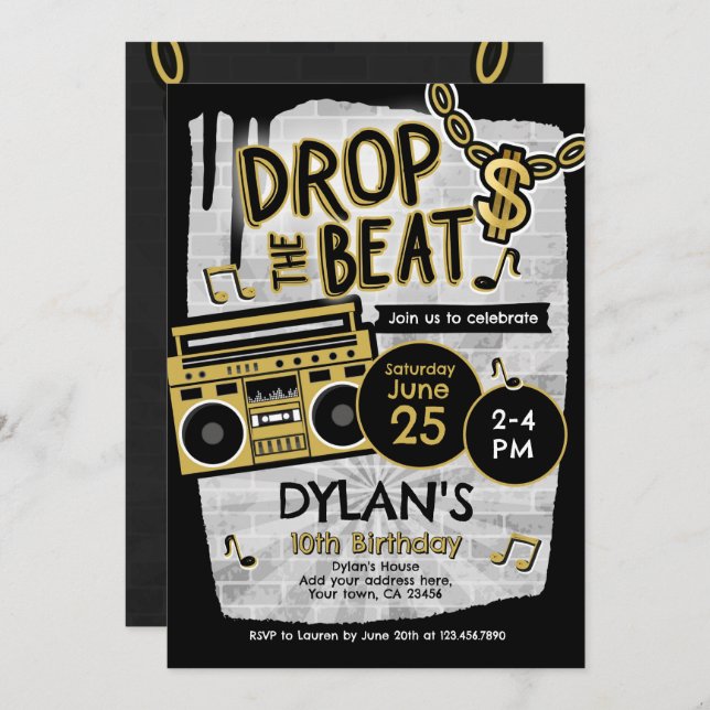 Invitación Cumpleaños de Hip Hop (Anverso / Reverso)