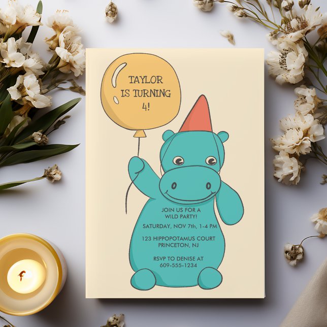 Invitación Cumpleaños de Hipopótamo con Globo Fiesta de Cumpl (Subido por el creador)