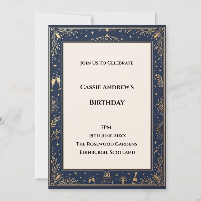 Invitación Cumpleaños de hito con marco dorado de la marina (Anverso)