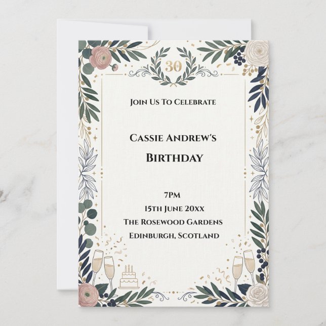 Invitación Cumpleaños de hito de vegetación gris azul (Anverso)