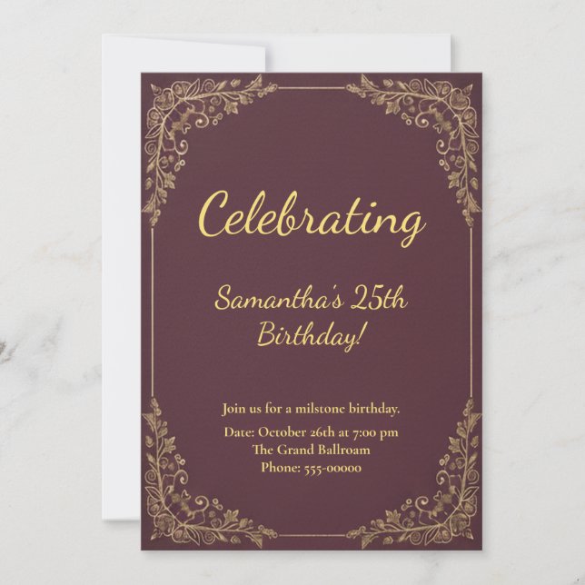Invitación Cumpleaños de hito elegante burgundy oro (Anverso)