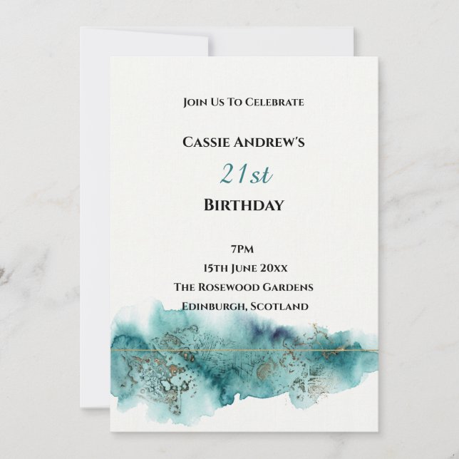 Invitación Cumpleaños de hito en acuarela turquesa (Anverso)
