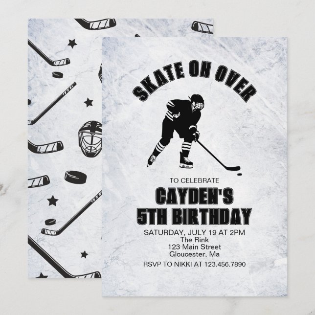 Invitación Cumpleaños de Hockey negro y blanco (Anverso / Reverso)