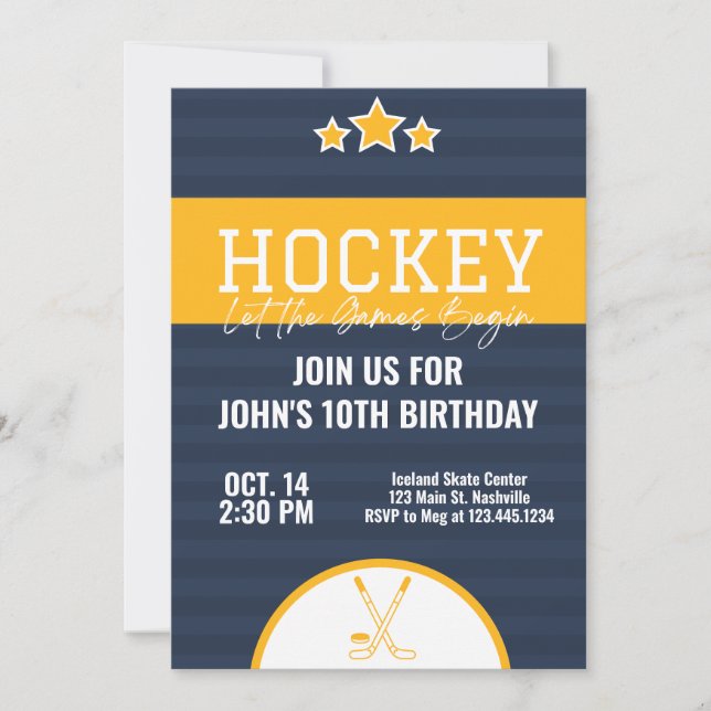 Invitación Cumpleaños de hockey sobre hielo Banda amarilla az (Anverso)
