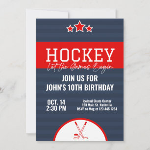 Invitación Cumpleaños de Hockey sobre Hielo Banda Roja Azul