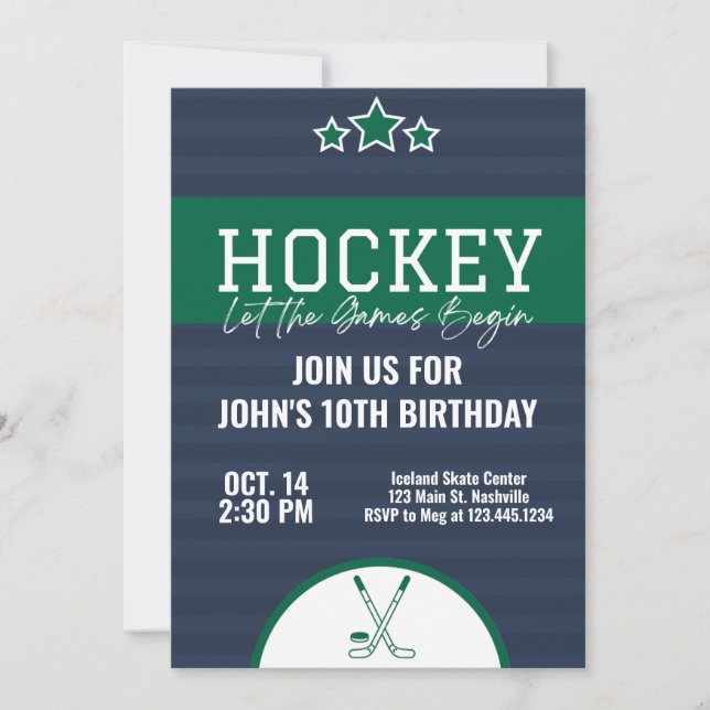 Invitación Cumpleaños de Hockey sobre Hielo Banda Verde Azul (Anverso)