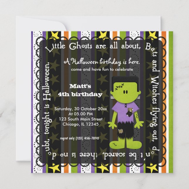 Invitación Cumpleaños de Hocus Pocus Frankenstein (Anverso)