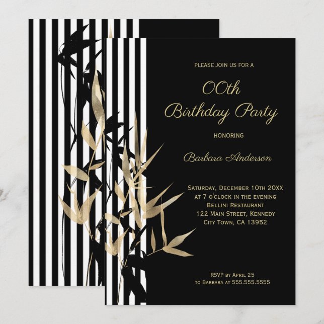 Invitación Cumpleaños de hoja de bambú dorada con franja negr (Anverso / Reverso)