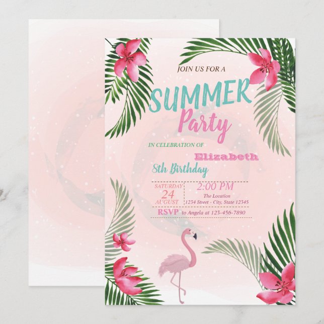 Invitación Cumpleaños de hoja de palma, flores, flamenco (Anverso / Reverso)