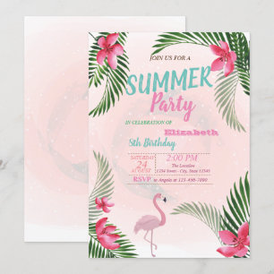 Invitación Cumpleaños de hoja de palma, flores, flamenco