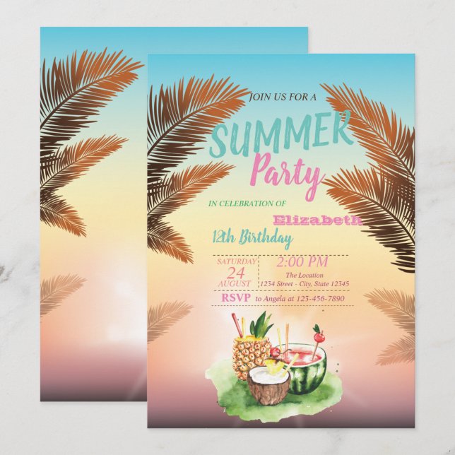 Invitación Cumpleaños de hoja de palma,Frutas tropicales (Anverso / Reverso)