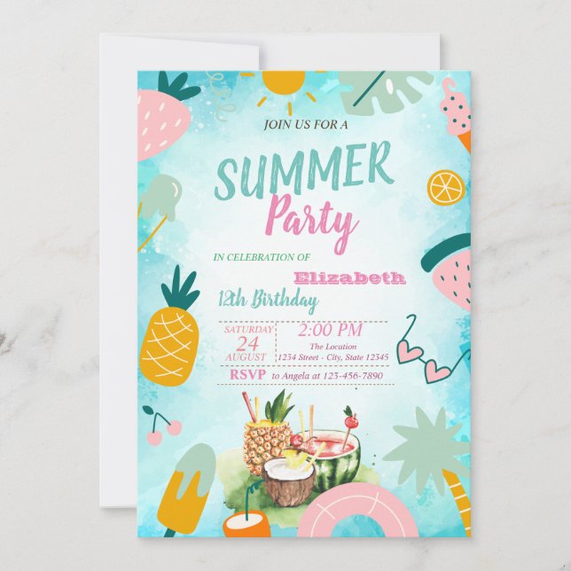 Invitación Cumpleaños de hoja de palma,Frutas tropicales (Anverso)