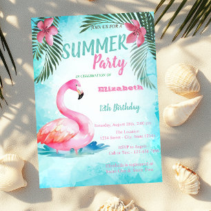 Invitación Cumpleaños de hojas de palma, flamencos rosas