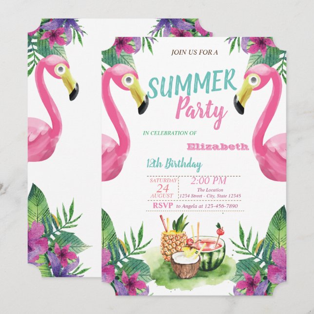 Invitación Cumpleaños de hojas de palma, frutas, flamencos ro (Anverso / Reverso)