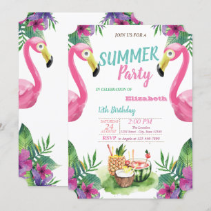 Invitación Cumpleaños de hojas de palma, frutas, flamencos ro