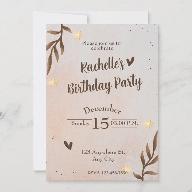 Invitación Cumpleaños de Hojas Florales Marrones (Anverso)