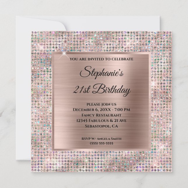 Invitación Cumpleaños de Holograma de Rosa Dorado con Diamant (Anverso)