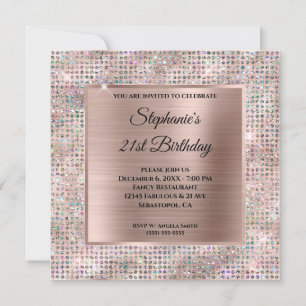 Invitación Cumpleaños de Holograma de Rosa Dorado con Diamant