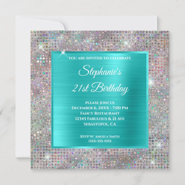 Invitación Cumpleaños de holograma turquesa con diamantes inc (Anverso)
