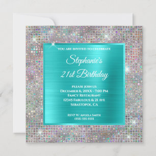 Invitación Cumpleaños de holograma turquesa con diamantes inc