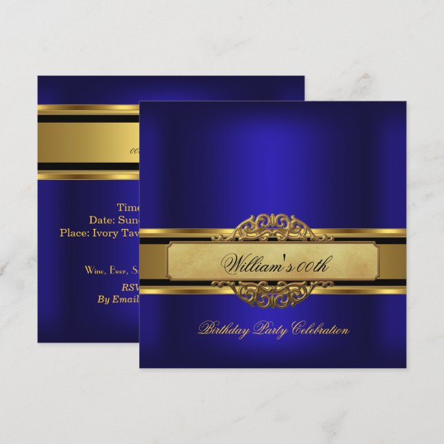 Invitación Cumpleaños de hombre azul real dorado Cumpleaños h (Anverso / Reverso)