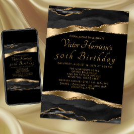 Invitación Cumpleaños de hombre con ágata dorada y negra 