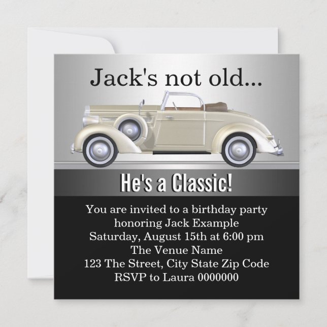 Invitación Cumpleaños de hombre con auto antiguo (Anverso)