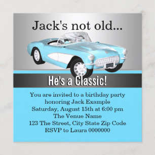 Invitación Cumpleaños de hombre con auto antiguo azul