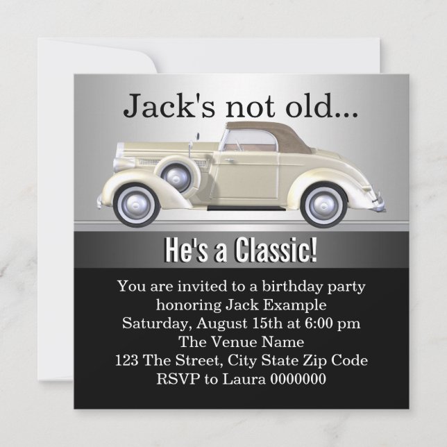 Invitación Cumpleaños de hombre con coche antiguo (Anverso)