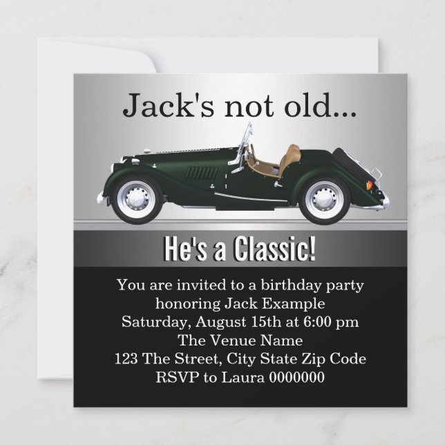 Invitación Cumpleaños de hombre con coche antiguo (Anverso)