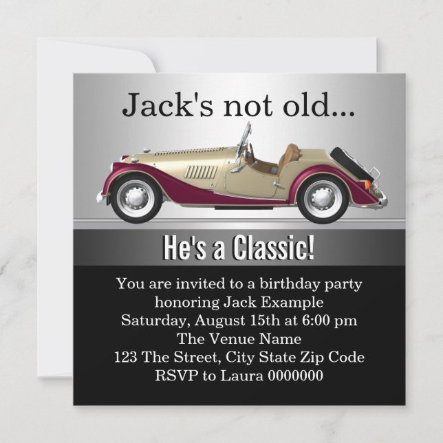Invitación Cumpleaños de hombre con coche antiguo (Anverso)