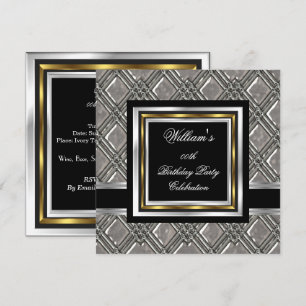 Invitación Cumpleaños de hombre elegante negro oro plata Meta