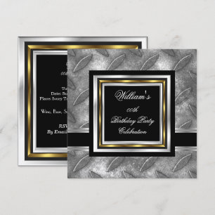 Invitación Cumpleaños de hombre elegante negro oro plata meta