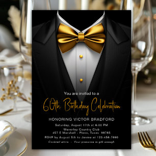 Invitación Cumpleaños de hombre esmoquin negro y dorado para 